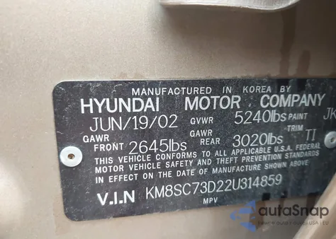 2002 Hyundai Santa Fe Gls/Lx from USA, damaged, VIN KM8SC73D22U314859